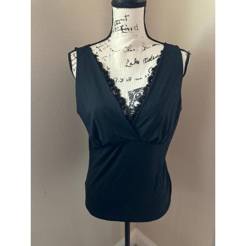 Madison Intimates V-Neck Black Camisole Lace Insert - Size Large